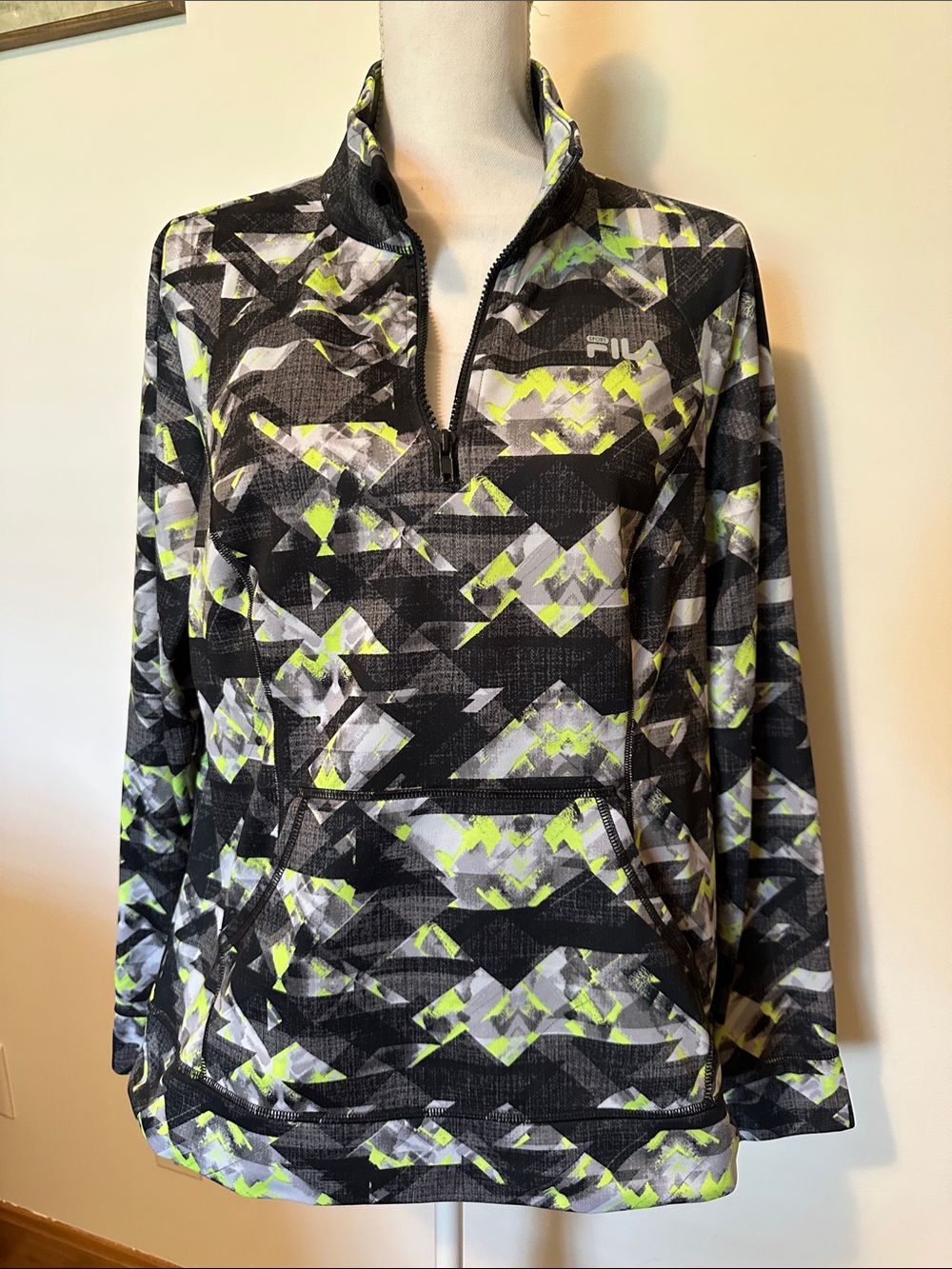 FILA women’s  quarter Zip Pullover Sweater - Black, Gray & Neon Yellow